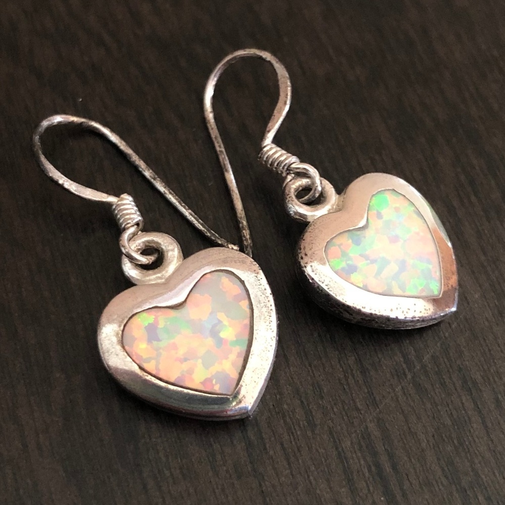 Sterling Silver and Lab Opal Heart earrings